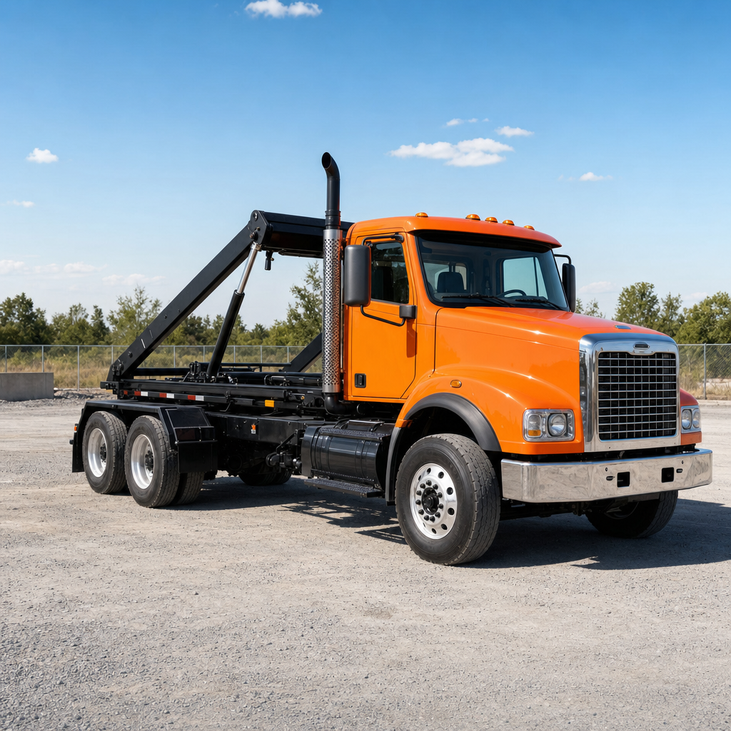 Safety-orange roll-off delivery truck parked and staged in a gravel dispatch yard under bright daylight