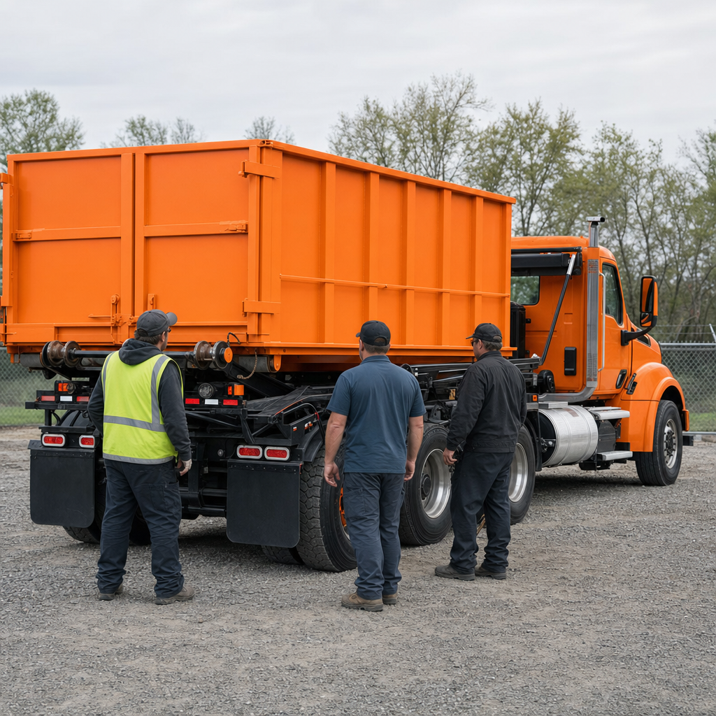 High-visibility crew standing beside a plain orange roll-off delivery truck at a staging yard, ready to dispatch